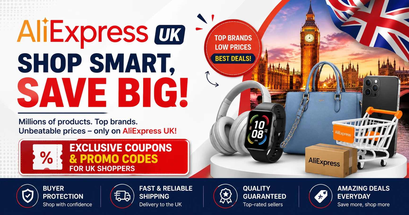 AliExpress UK promotional banner featuring exclusive coupons, promo codes, electronics, fashion, home essentials, and online shopping deals for UK customers in 2026.