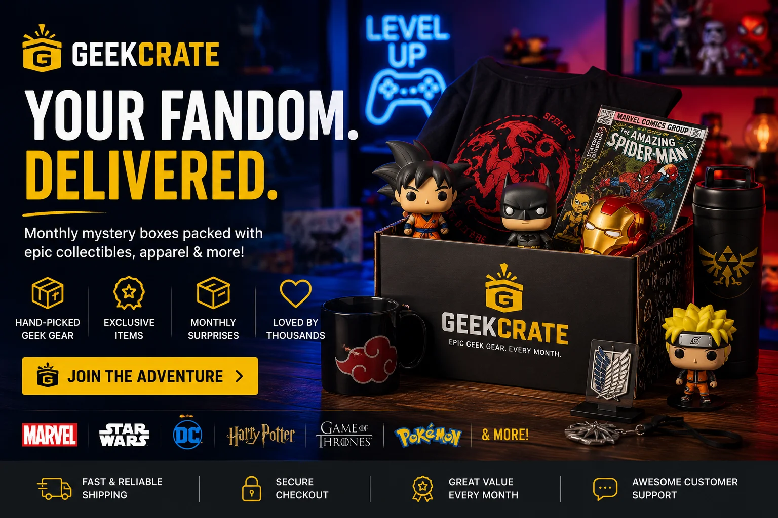 GeekCrate subscription box featuring exclusive gaming, anime, movie, and pop culture collectibles.