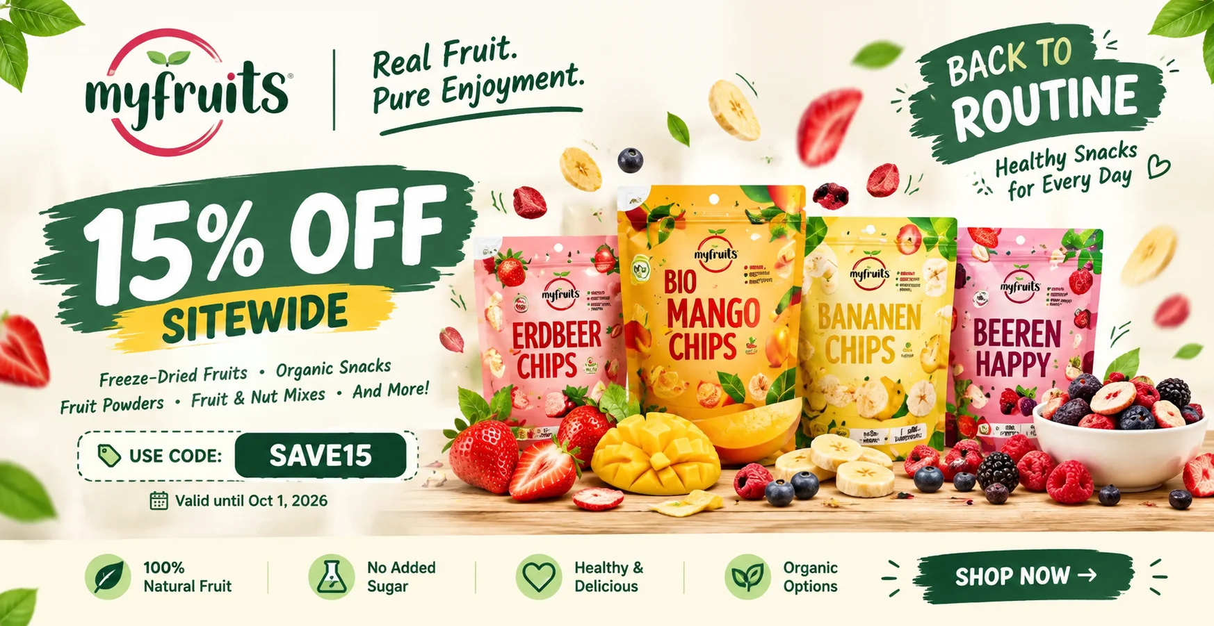 myfruits freeze-dried fruit snacks including strawberry and mango chips, featured in the myfruits discount code coupon page
