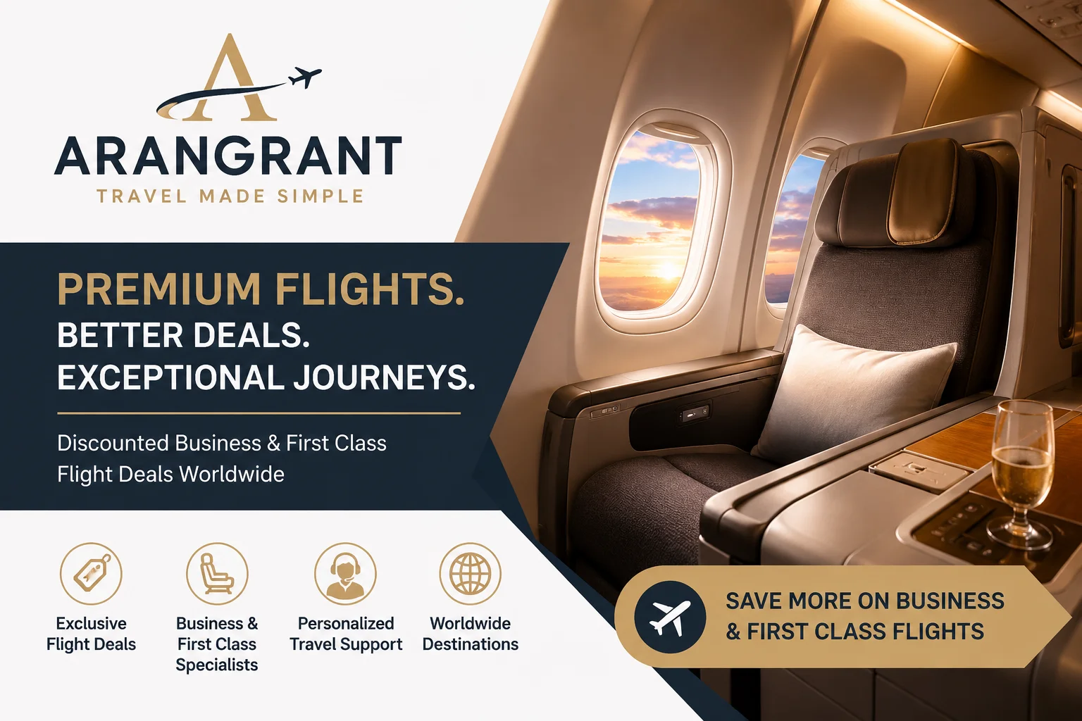 Traveler enjoying a comfortable business class flight with spacious seating and premium travel amenities.