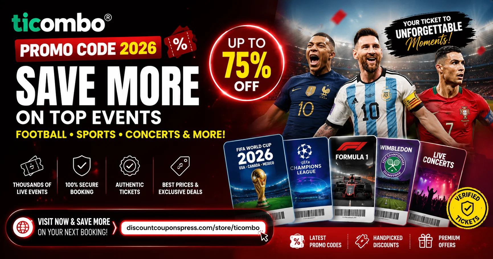 Ticombo Promo Code 2026 banner featuring FIFA World Cup 2026 tickets, football matches, concerts, live events, and exclusive ticket deals from Discount Coupons Press.