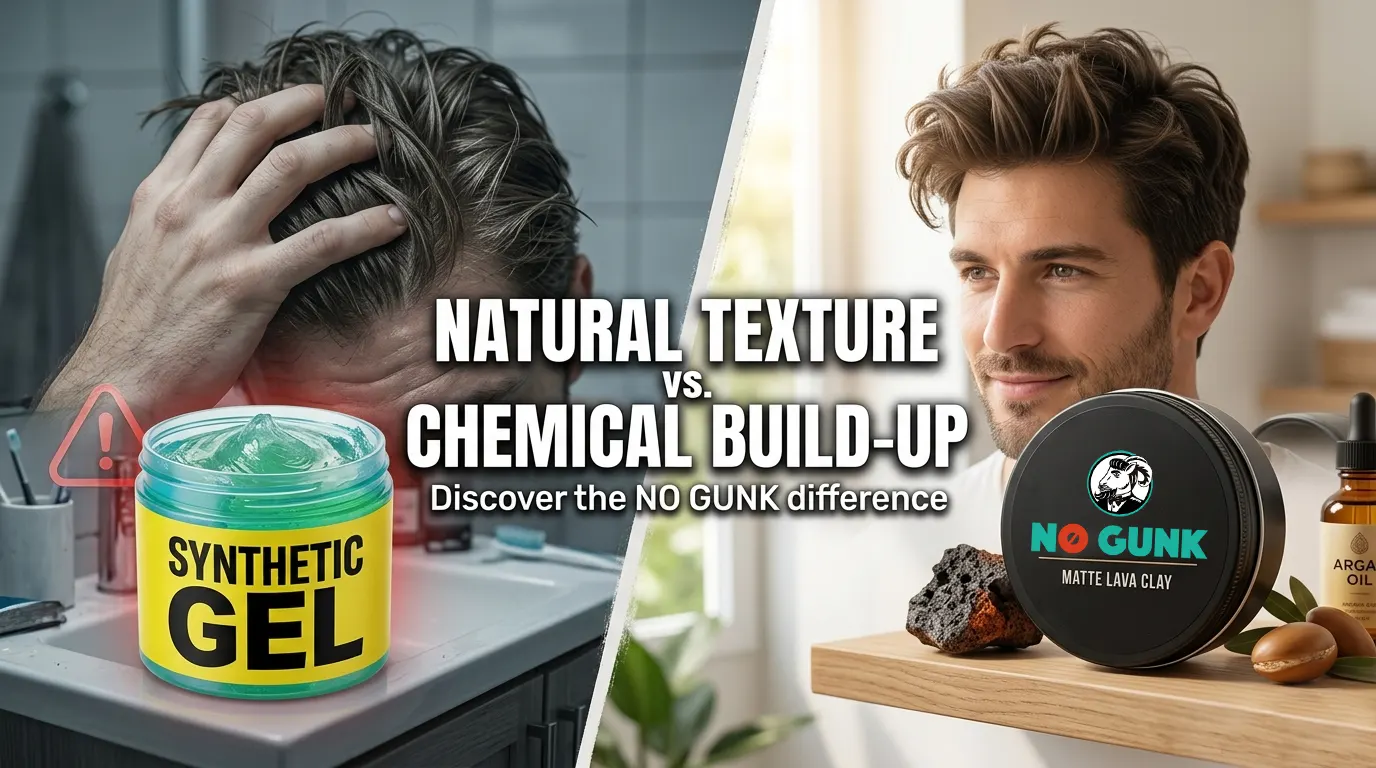 Man with greasy hair using synthetic gel versus a man with healthy hair using NO GUNK Matte Lava Clay. Text: Natural Texture vs. Chemical Build-Up.