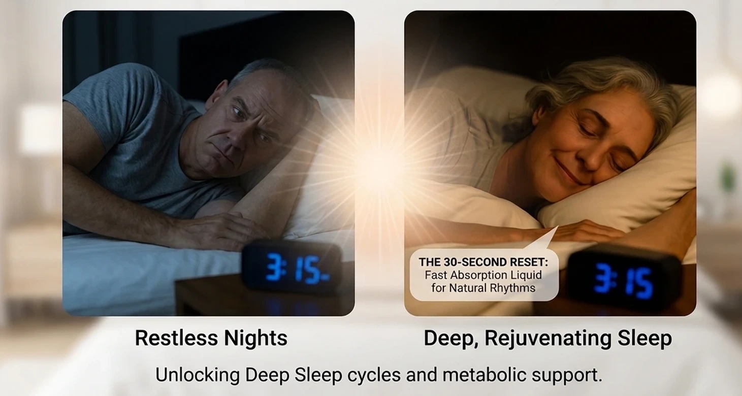 A side-by-side comparison graphic for Yu Sleep titled "Restoring Nighttime Calm." The left side shows a frustrated man awake in bed labeled "Restless Nights," while the right side features a serene wo