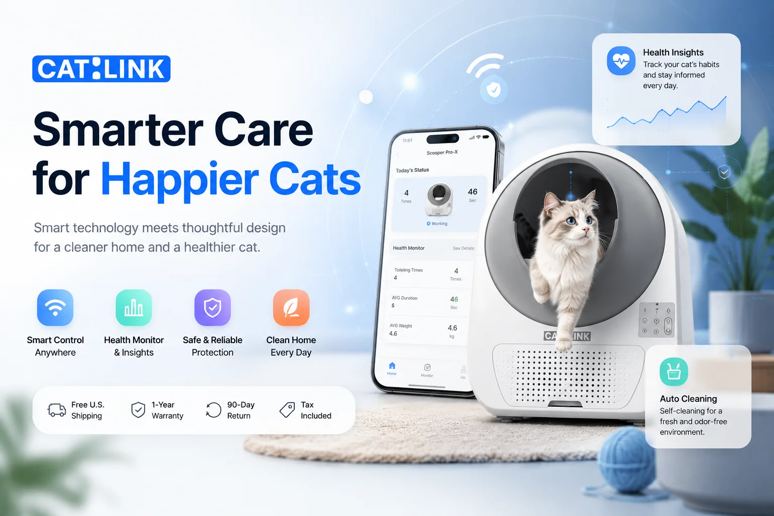 CATLINK smart pet care system featuring a self-cleaning litter box, automatic feeder, and water fountain for convenient, hygienic cat care.