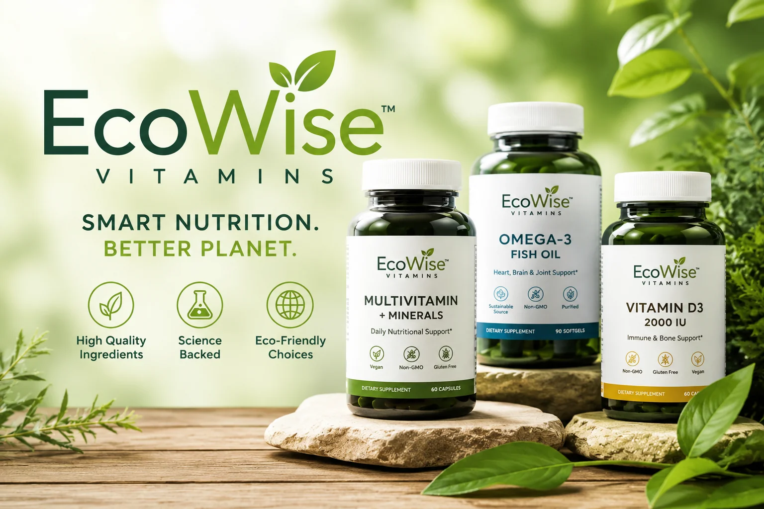 EcoWise Vitamins online store featuring creatine gummies, wellness supplements, longevity formulas, and clean performance products.