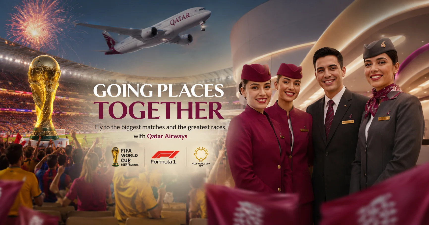 Qatar Airways aircraft flying above clouds, representing international travel deals, flight discounts, promo codes, FIFA travel packages, and affordable worldwide flight offers.