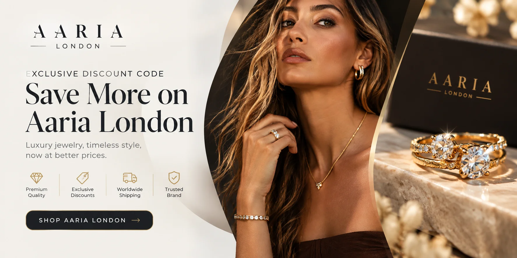 Aaria London waterproof gold-plated jewelry including ear cuffs, stack earrings, and a diamond tennis necklace