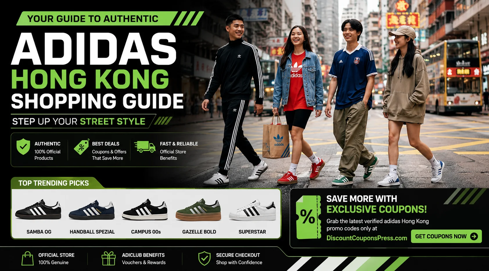 Four trendy youth walking down a Hong Kong street wearing Adidas sportswear and sneakers, featuring a banner overlay text "Ultimate Adidas Hong Kong Shopping Guide" with a call-to-action for discount