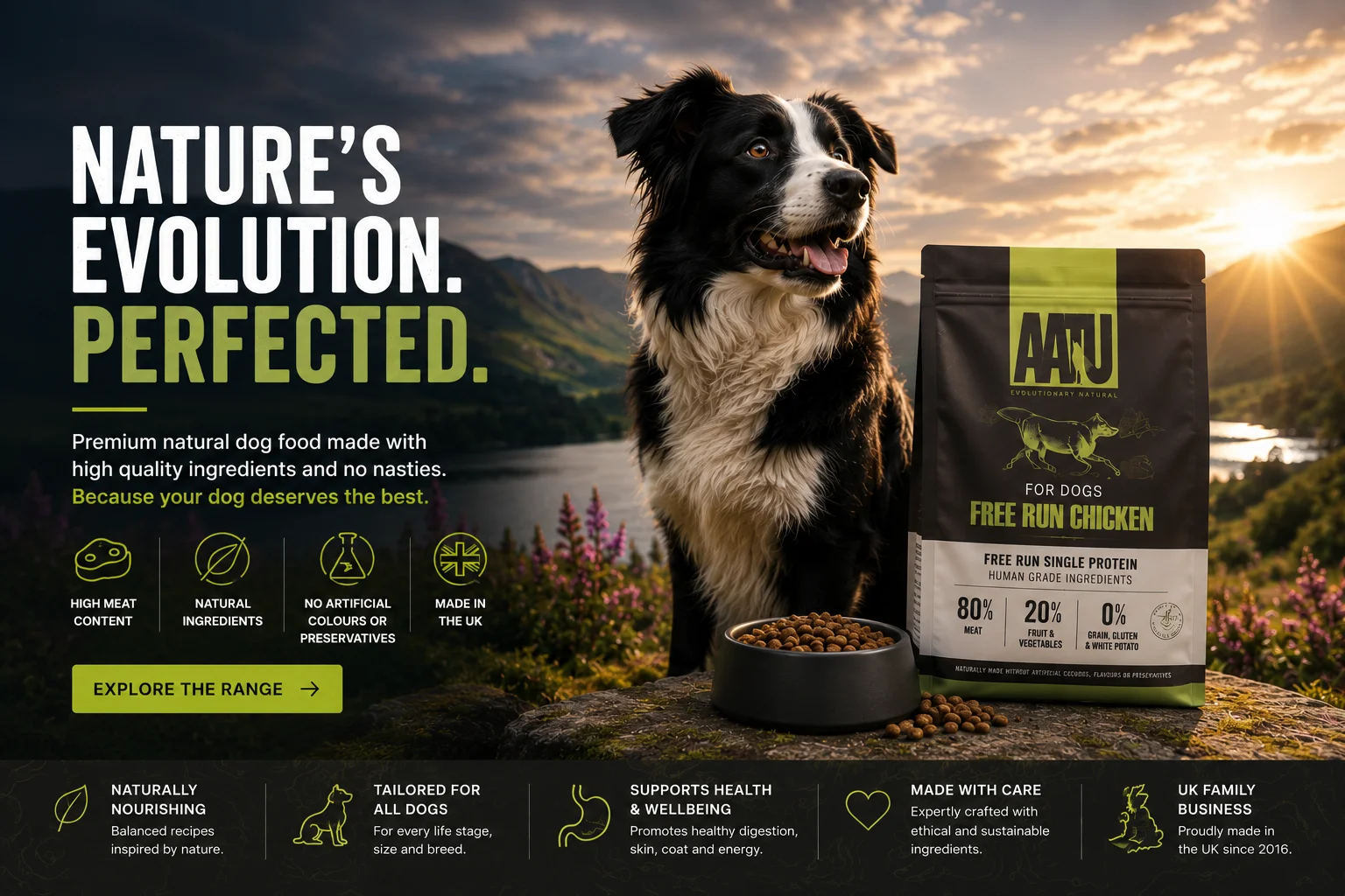 AATU premium grain-free dog and cat food made with high meat content, natural ingredients, and a nutrient-rich superfood blend for complete pet nutrition.