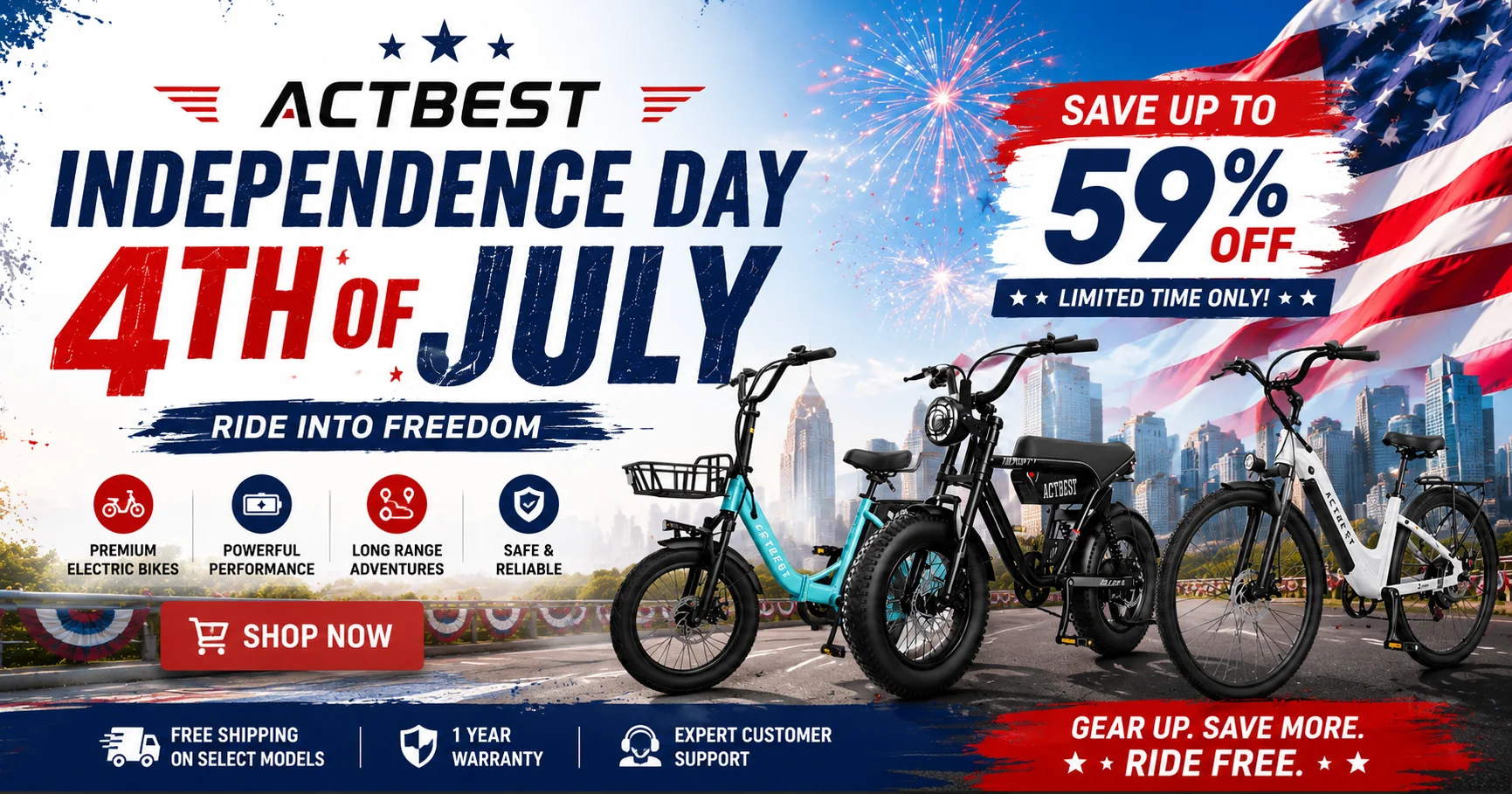 ACTBEST Bike Independence Day Sale 2026 banner featuring electric bikes, American flag, fireworks, and 4th of July electric bike deals and discounts.
