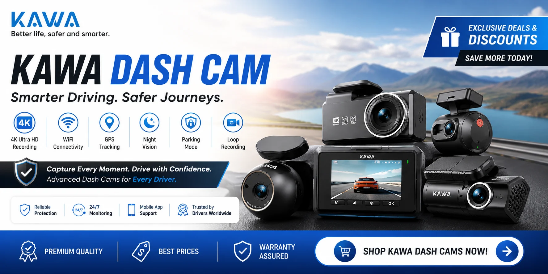 KAWA dash cameras featuring 4K dashboard cameras, smart driving technology, GPS, WiFi connectivity, and advanced car security solutions for safer driving.