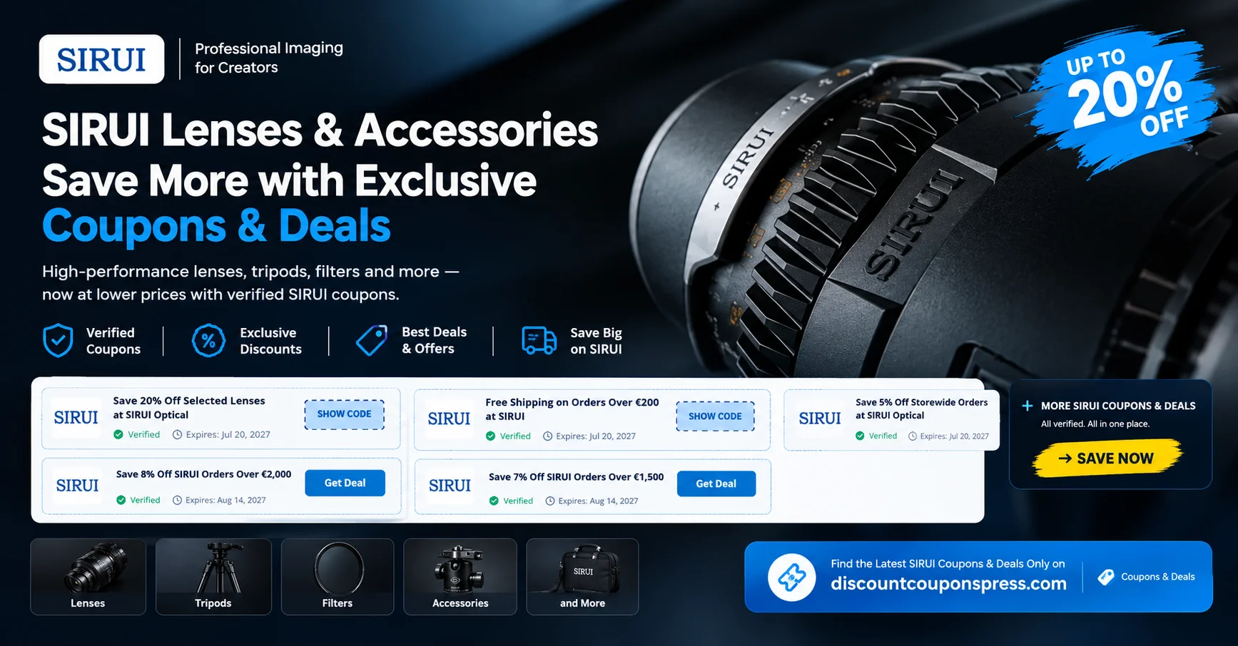 Three SIRUI anamorphic cine lenses lined up on a dark background, featured on the SIRUI Optical GmbH discount code page