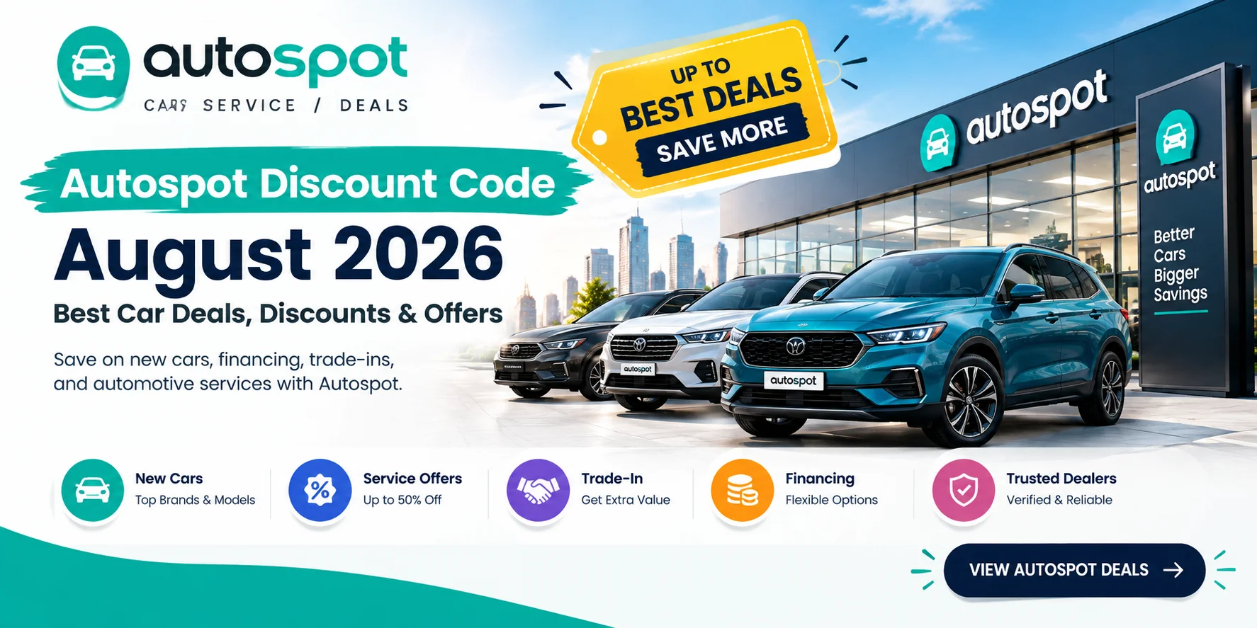 Autospot discount code August 2026 banner featuring new car deals, automotive discounts, financing, and service offers
