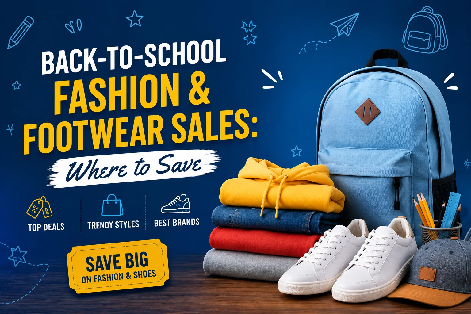 Back-to-school fashion and footwear sale featuring trendy clothing, sneakers, backpacks, school shoes, uniforms, and student essentials with exclusive discounts from top brands.