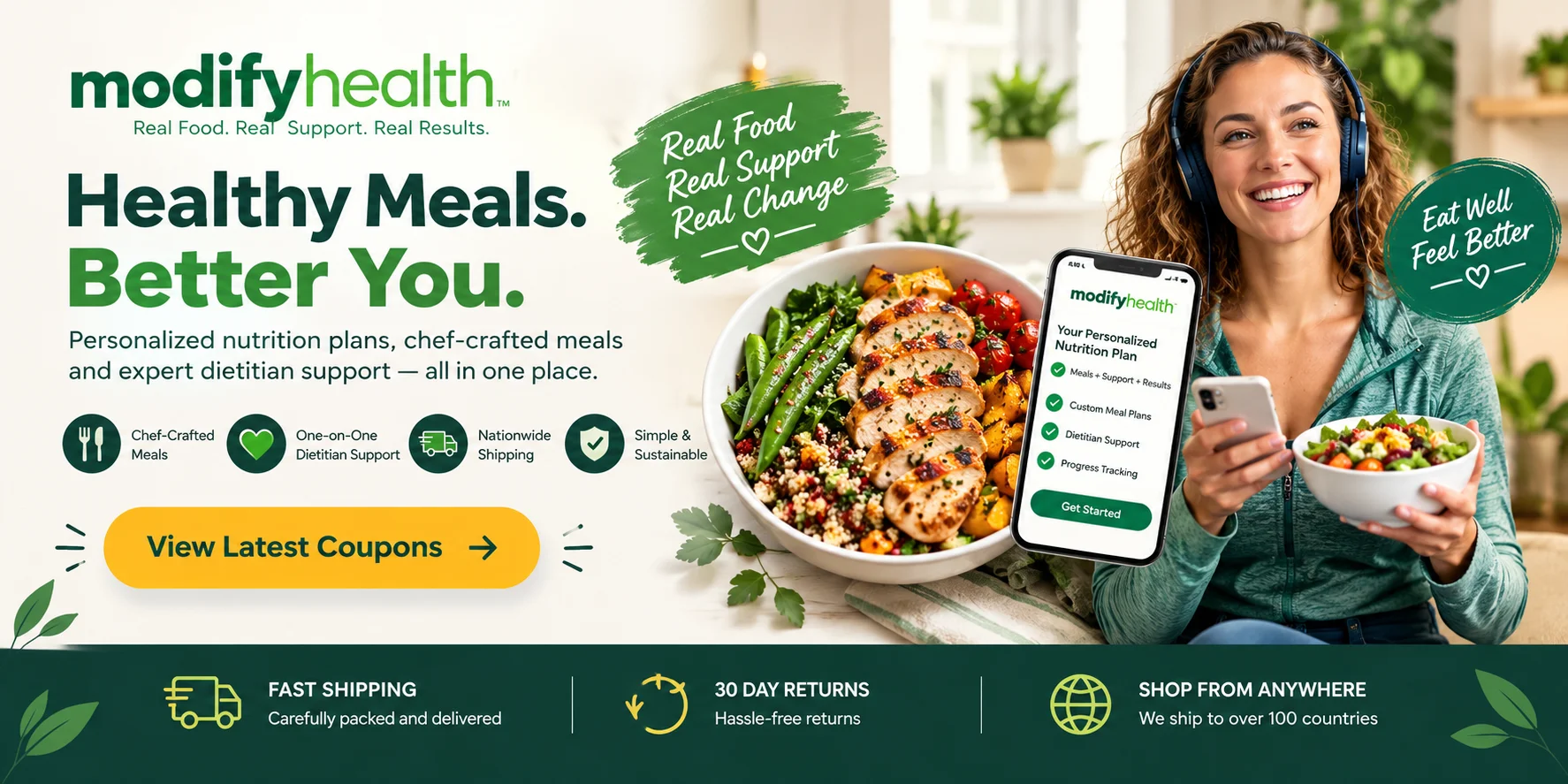 Modify Health discount codes and prepared meal delivery service banner for healthy meal plans and nutrition support.