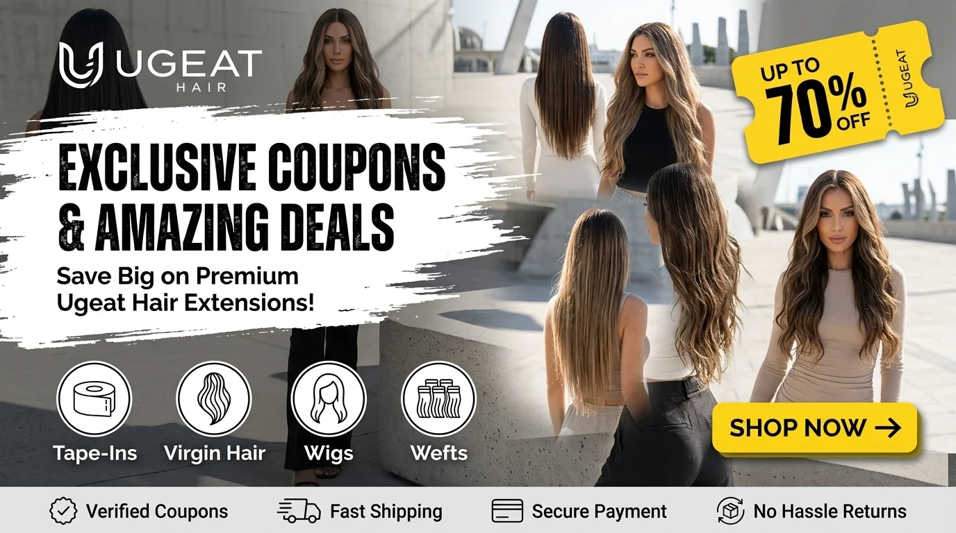 Screenshot of Ugeat Hair Official discount codes and deals page, showing coupon codes for Virgin+, tape-ins, and clearance sale discounts.