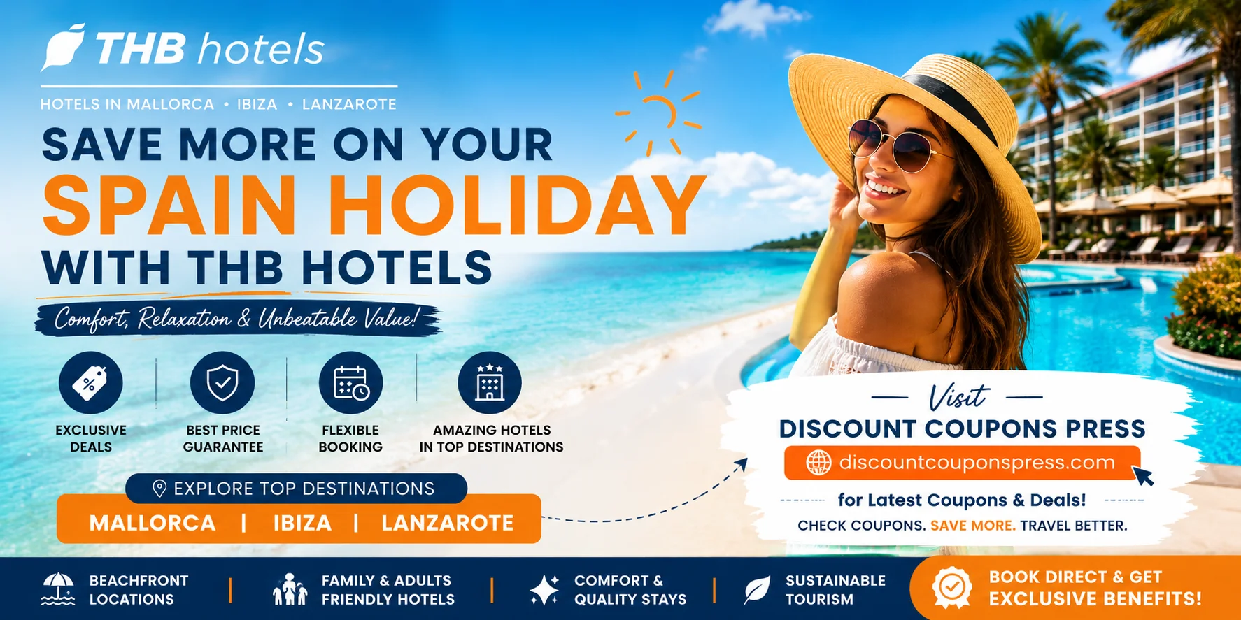 Alt Text:THB Hotels beachfront resort with swimming pool in Spain