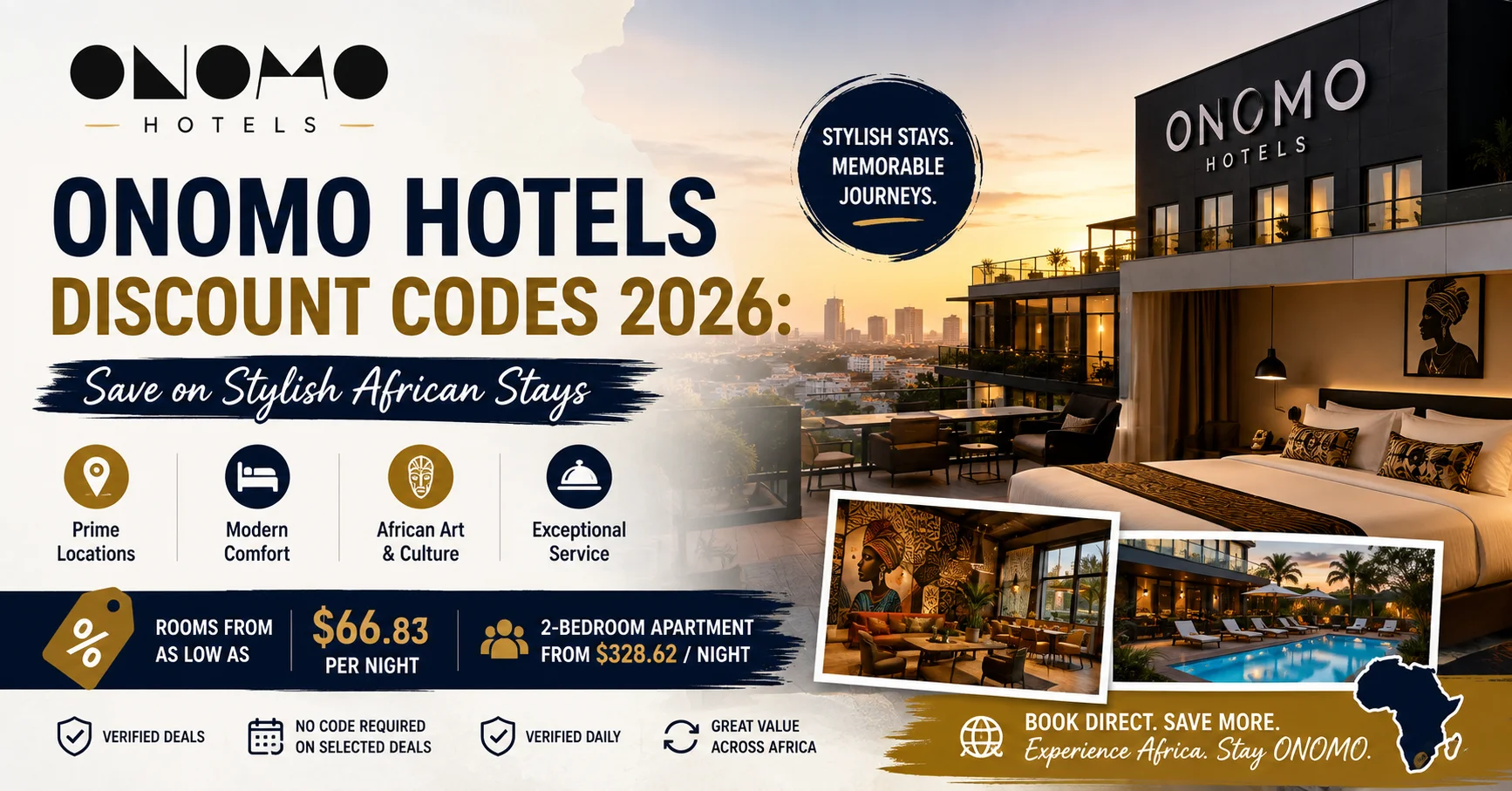 ONOMO Hotels stylish stay banner showing modern room with pool view and hotel amenities icons for comfort, location and service
