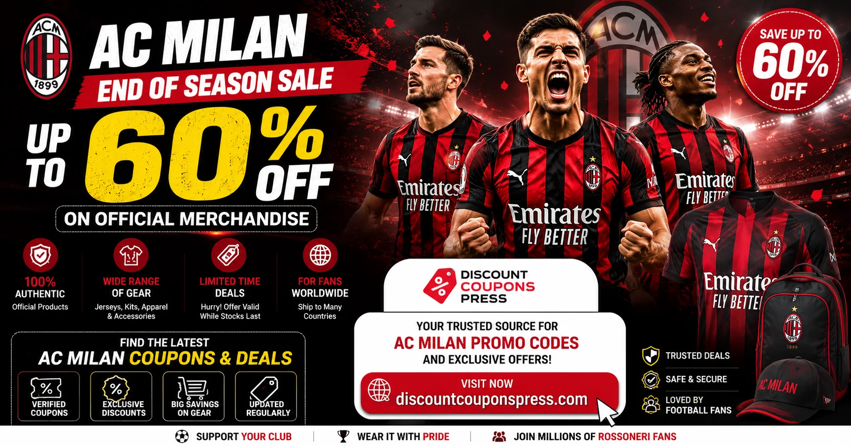 AC Milan End of Season Sale banner featuring official AC Milan football jerseys, fan merchandise, and up to 60% off with the latest AC Milan promo codes and exclusive football deals from Discount Coup
