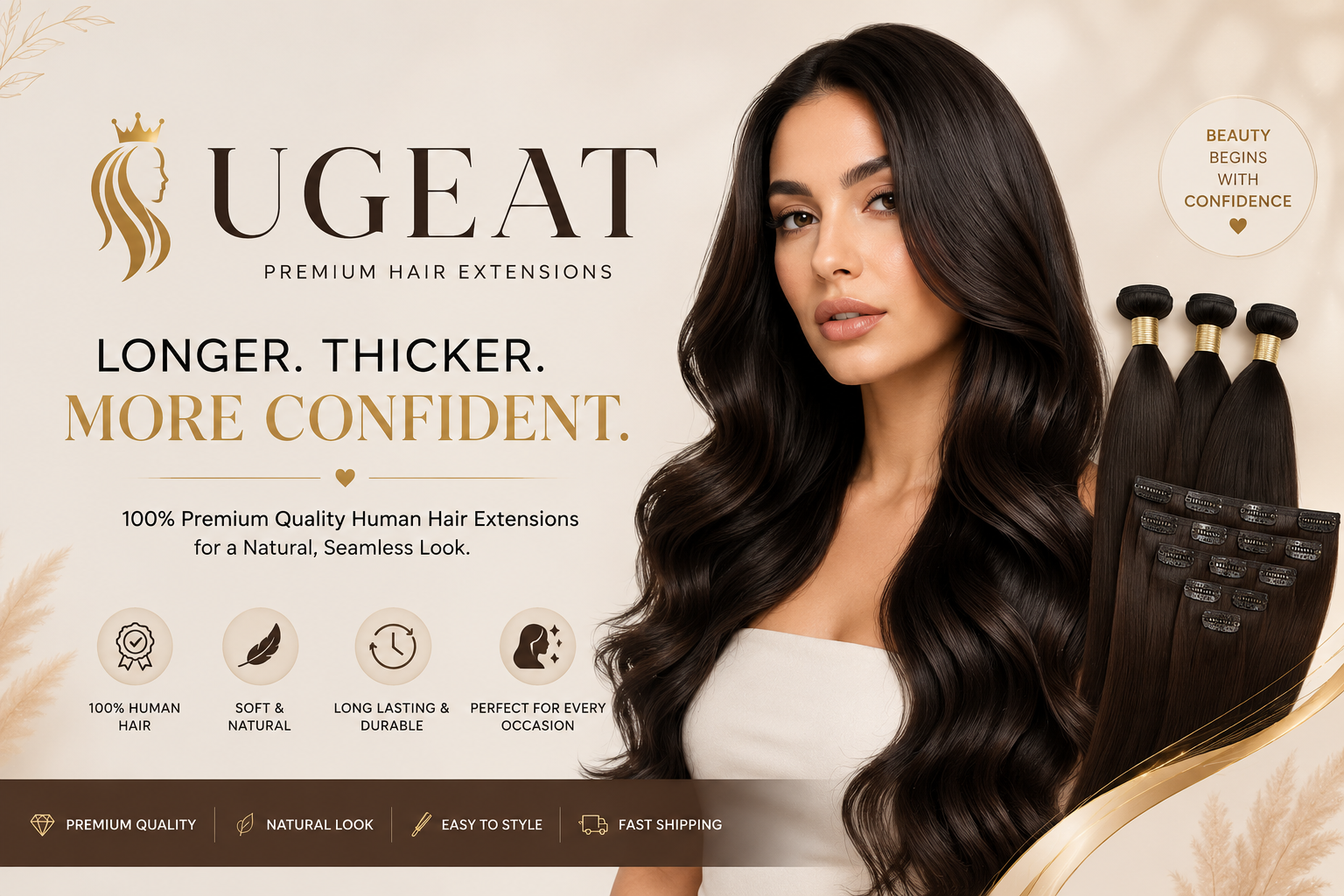 Woman with long, smooth hair wearing UGEAT human hair extensions.