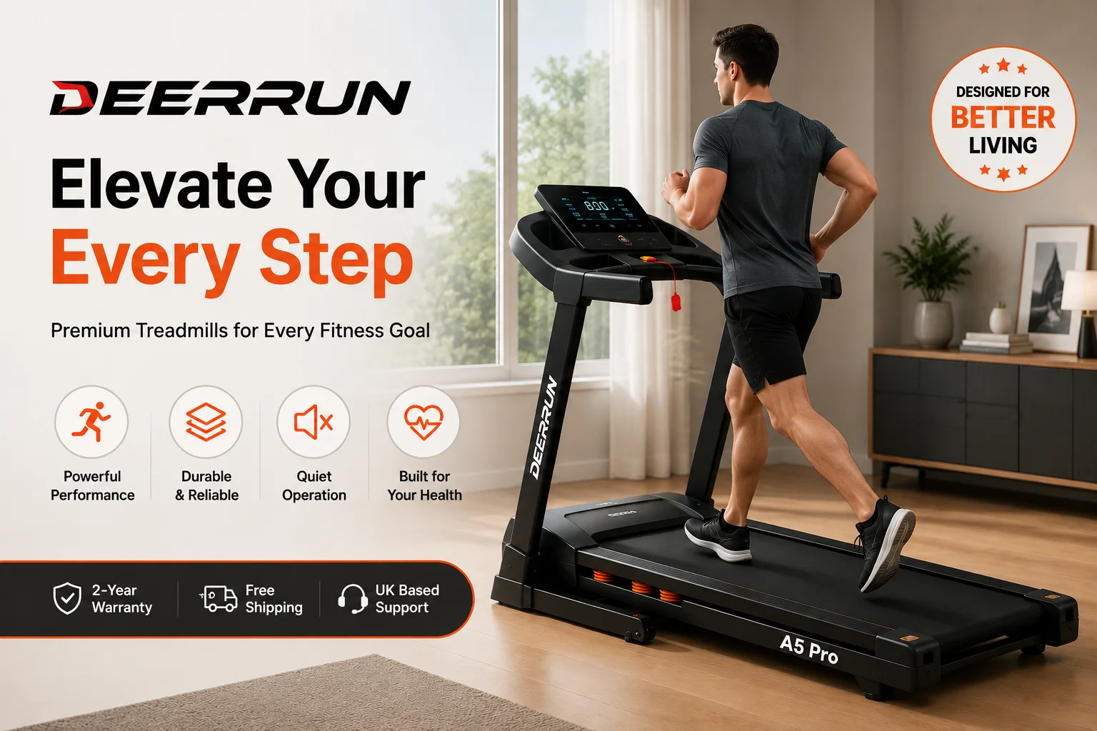 Compact DeerRun treadmill in a modern home setting, designed for walking, running, and everyday fitness.