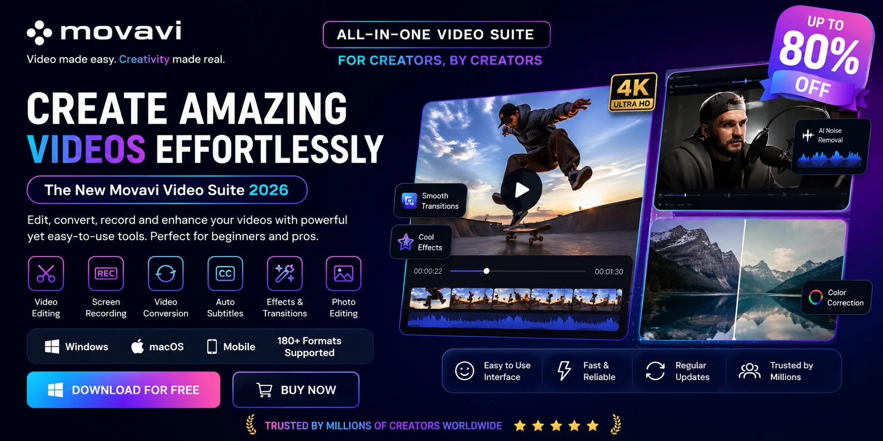 Movavi Video Suite promotional banner featuring AI-powered video editing tools, screen recording, video conversion, subtitle generation, and creative effects with a modern blue gradient design and special discount offer for content creators.