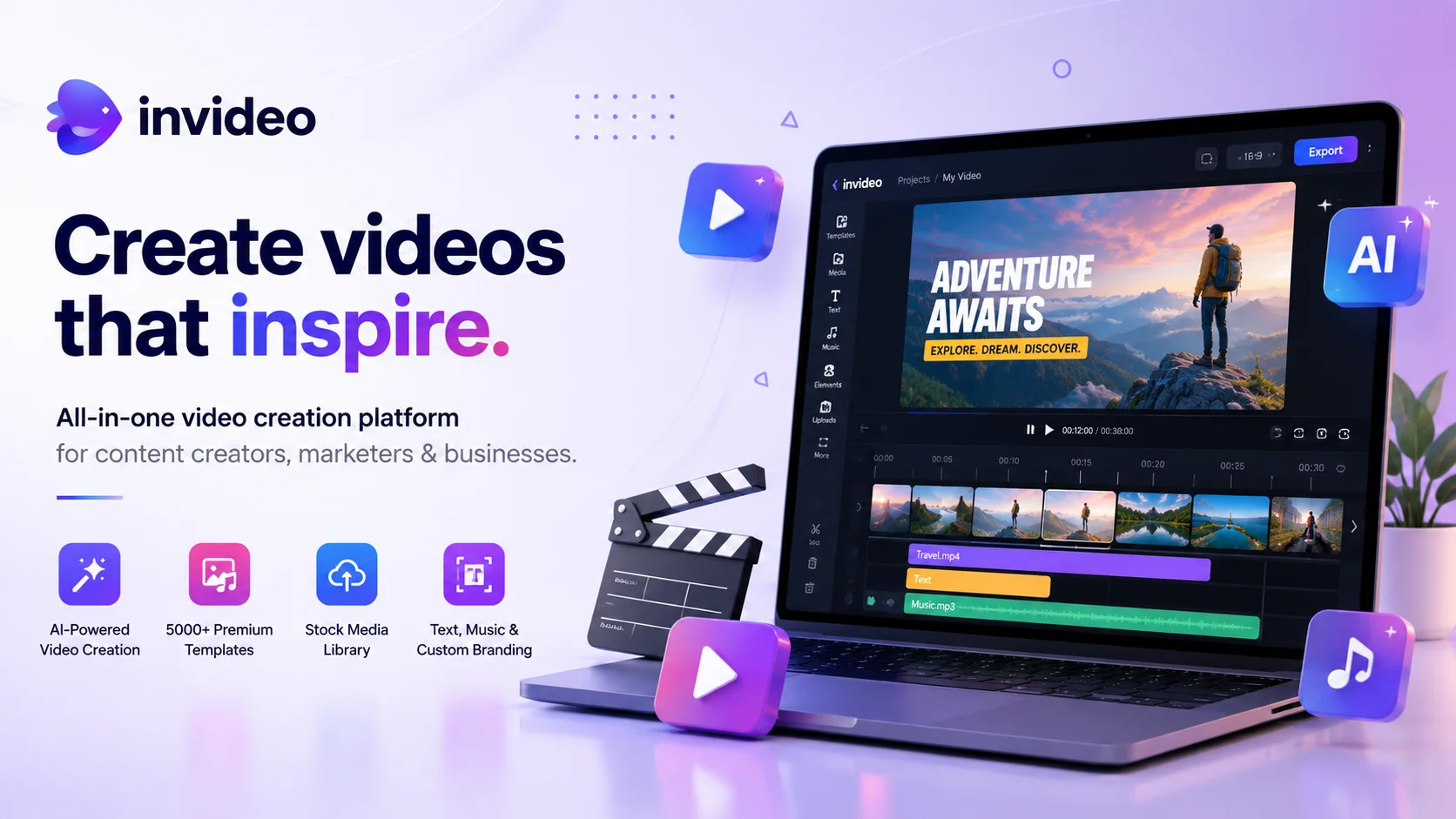 InVideo AI video creation platform for generating professional videos from text prompts with AI editing, voiceovers, templates, and stock media