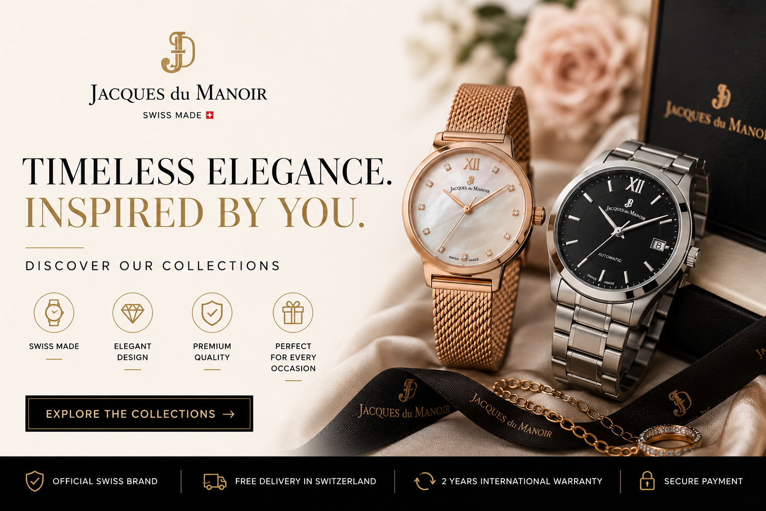Jacques du Manoir Swiss made watch collection featuring elegant men's and women's watches, luxury timepieces, jewellery, gift sets, and premium Swiss-crafted accessories.