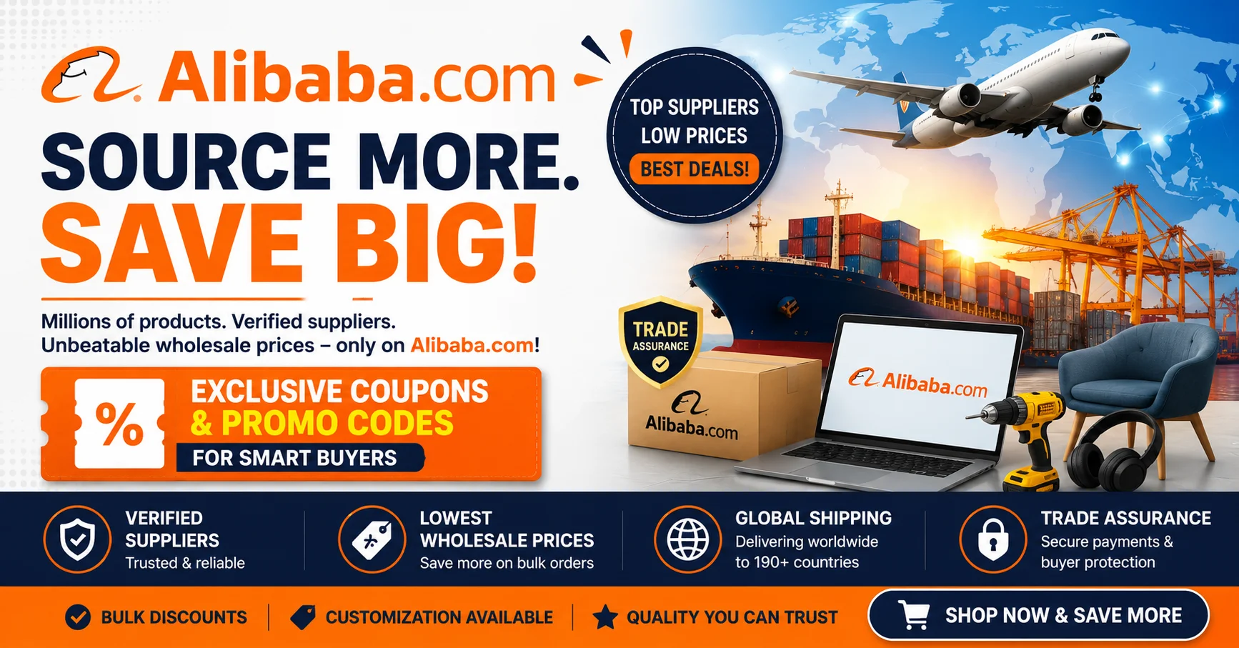 Alibaba.com wholesale deals banner featuring verified suppliers, bulk buying, trade assurance, global shipping, and exclusive coupons for businesses in 2026.