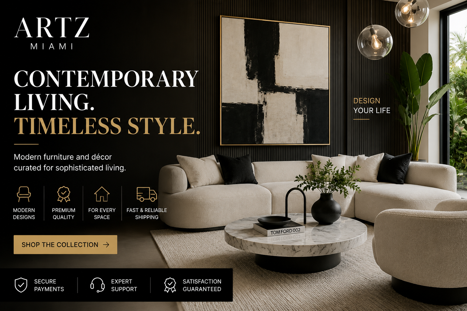 ArtZMiami luxury wall art and contemporary home décor enhancing a modern living space with elegant design. ArtZMiami specializes in statement wall art, sculptures, lighting, wall panels, and other premium home décor pieces.