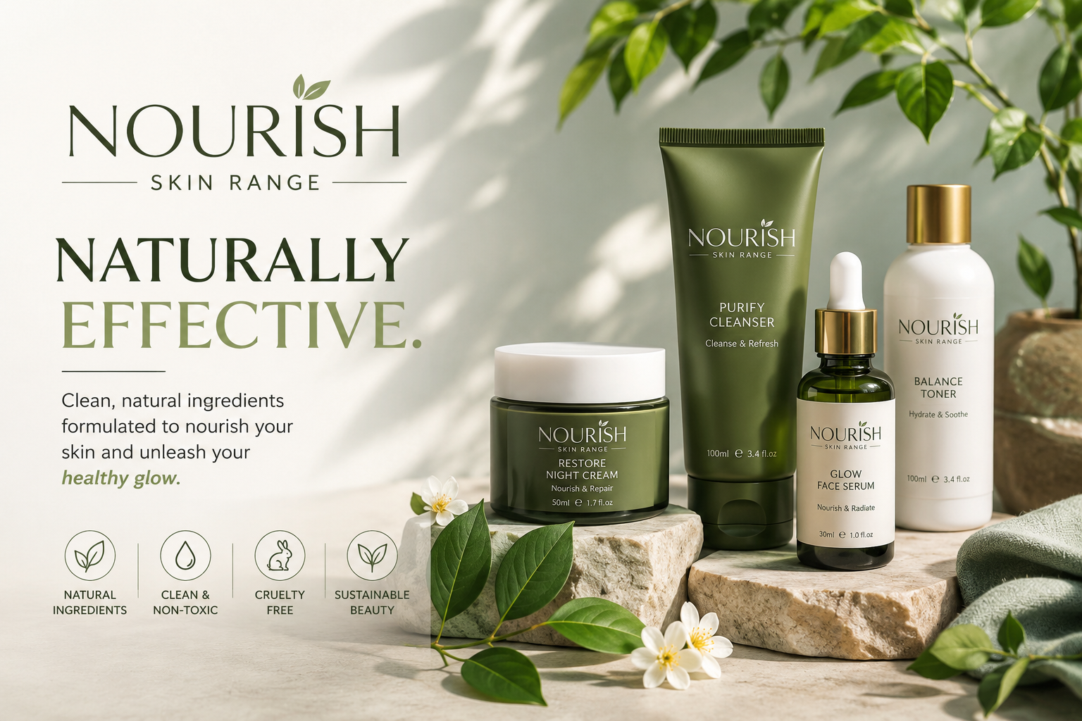 Nourish London organic skincare collection featuring vegan cleansers, serums, moisturizers, face masks, botanical beauty products, and cruelty-free skincare made with natural ingredients.