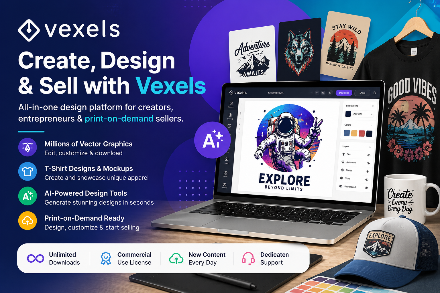 Vexels graphic design platform offering vector graphics, editable templates, AI design tools, mockup generators, and print-on-demand resources for creators and businesses.