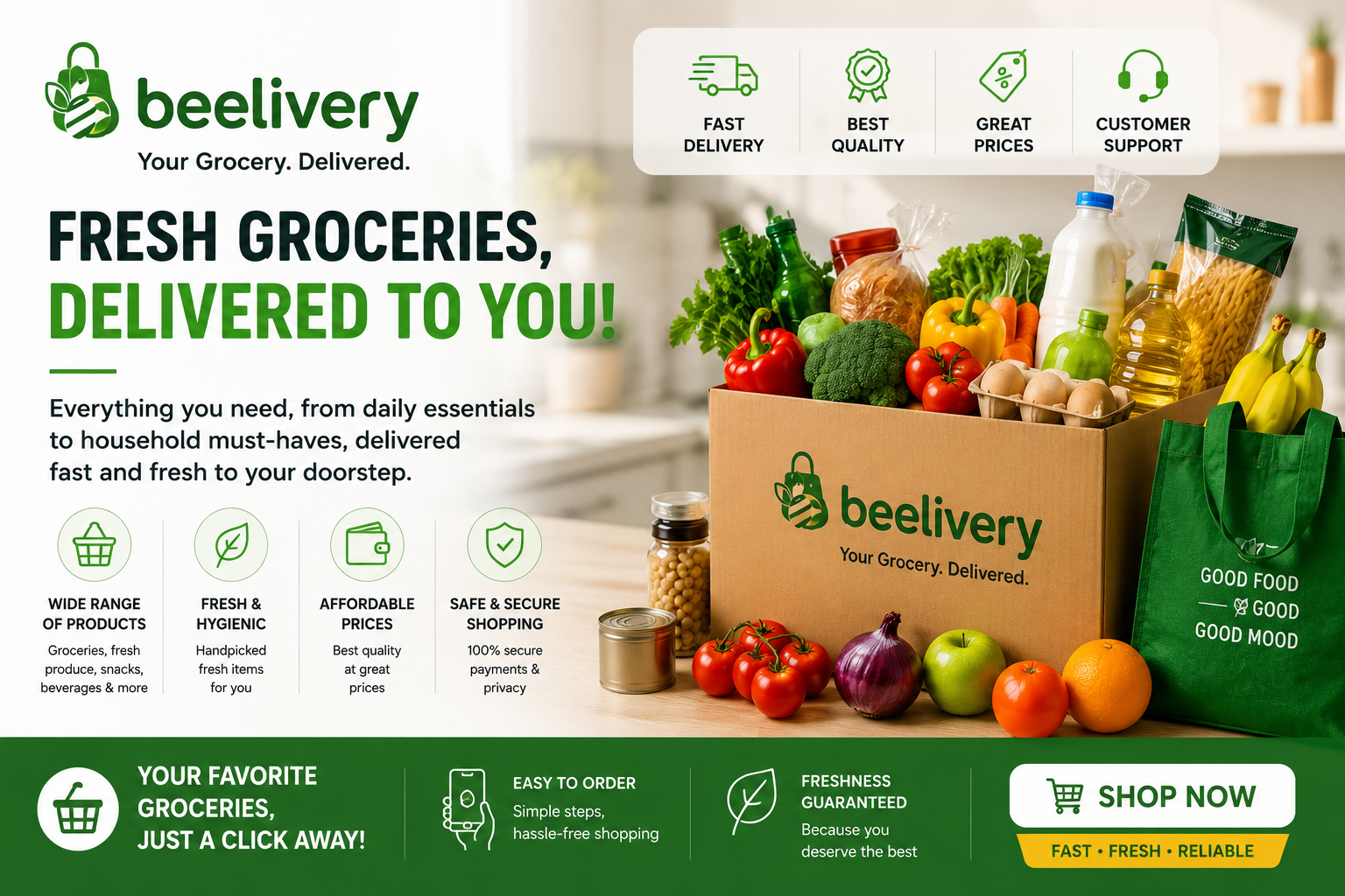 Beelivery online grocery delivery service featuring groceries, food, drinks, alcohol, household essentials, pet supplies, and same-day delivery from local UK stores