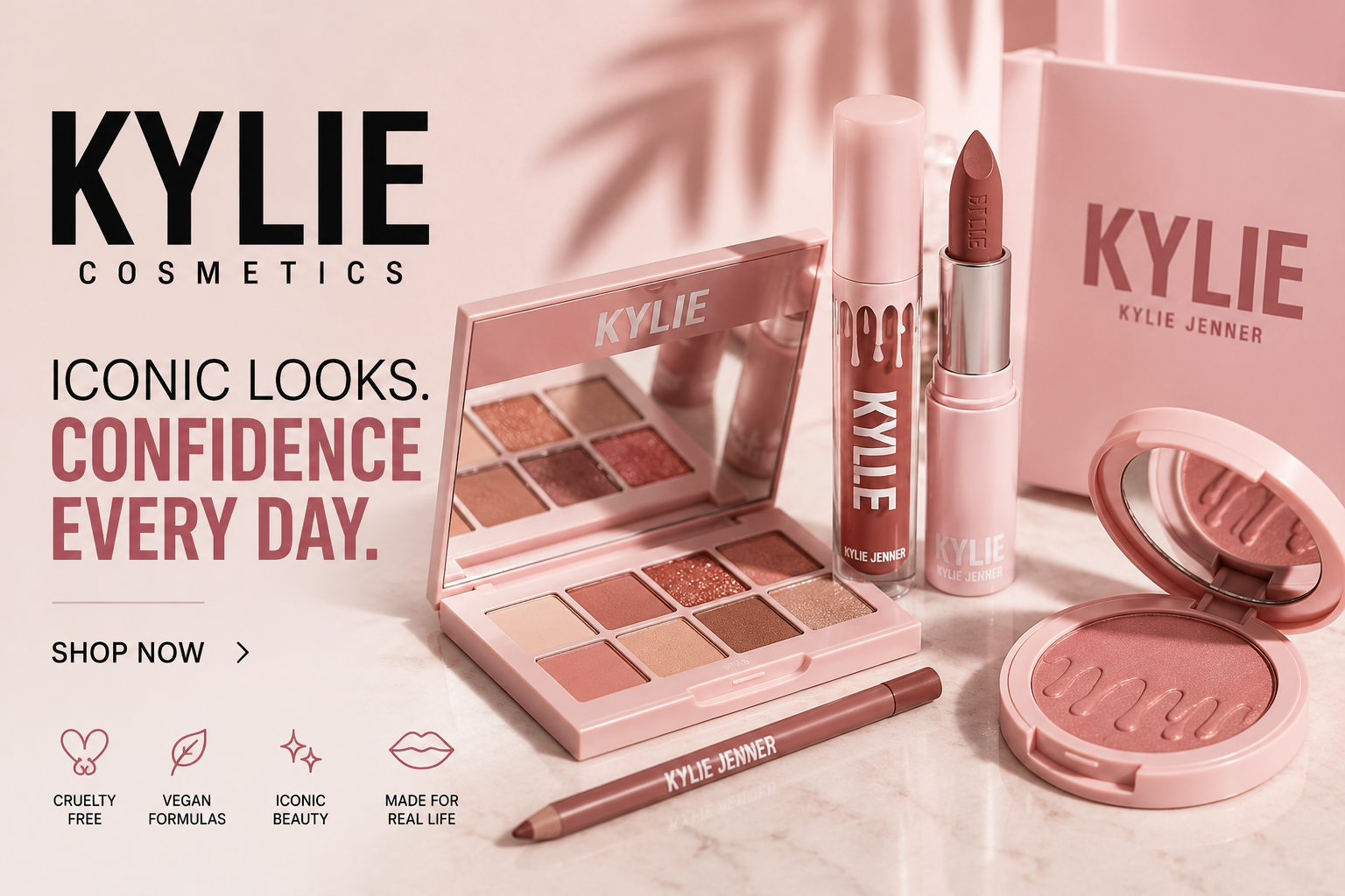 Kylie Cosmetics beauty collection featuring lip kits, lip glosses, foundations, concealers, blushes, mascaras, skincare products, and fragrances by Kylie Jenner.