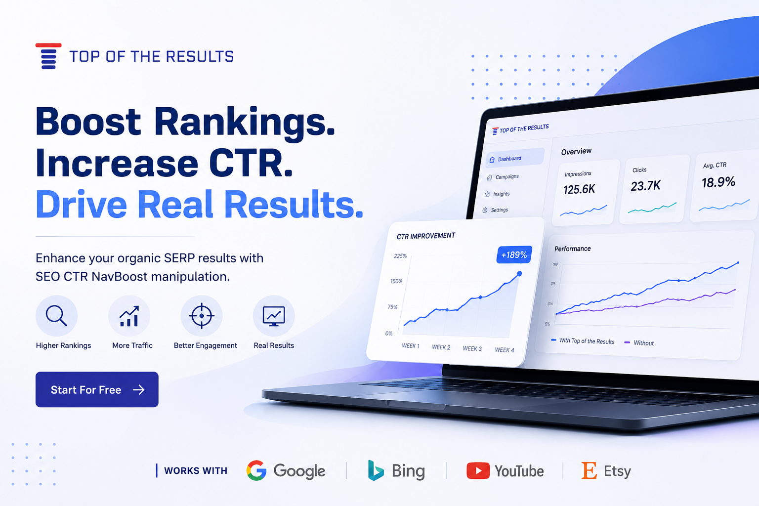 Top of the Results SEO platform offering CTR optimization, organic traffic campaigns, keyword tracking, and search ranking solutions for businesses and marketers.