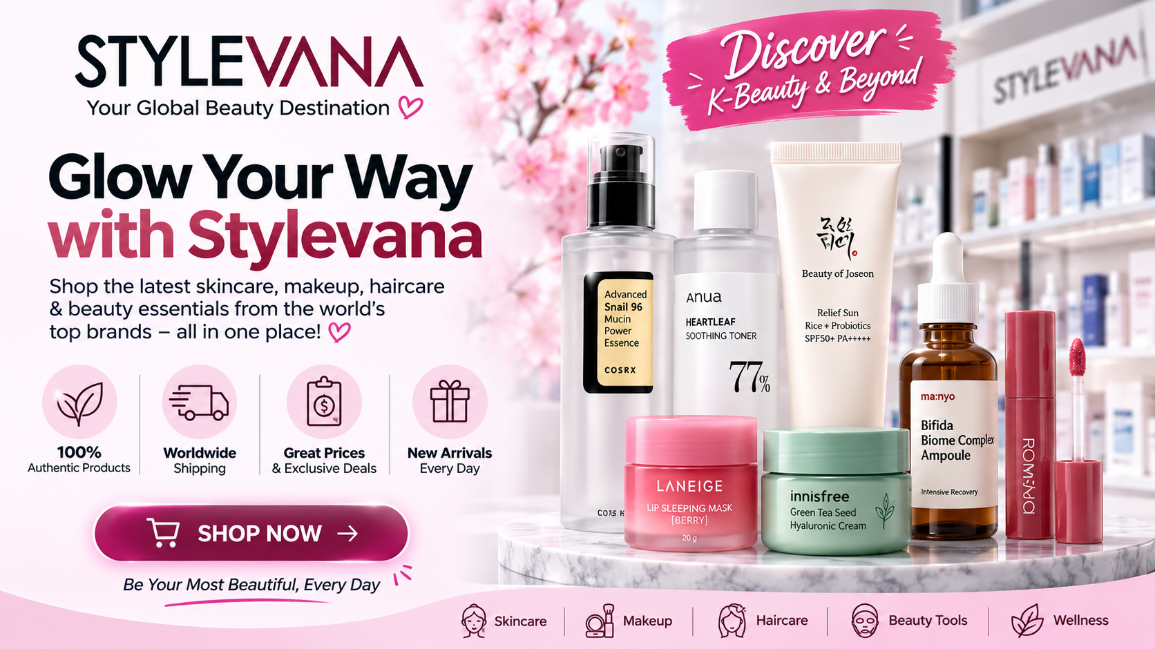 Stylevana online beauty store featuring authentic Korean skincare, Japanese cosmetics, makeup, haircare products, sheet masks, serums, and premium Asian beauty brands.