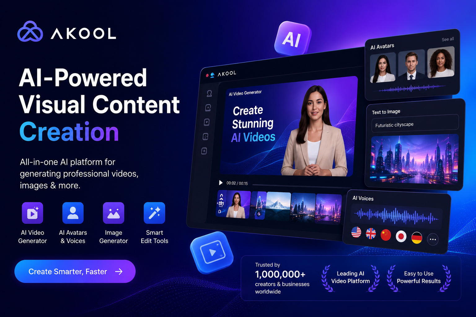 AKOOL AI platform featuring AI video generation, avatars, face swap, video translation, image generation, talking photos, and content creation tools for marketers, businesses, and creators.