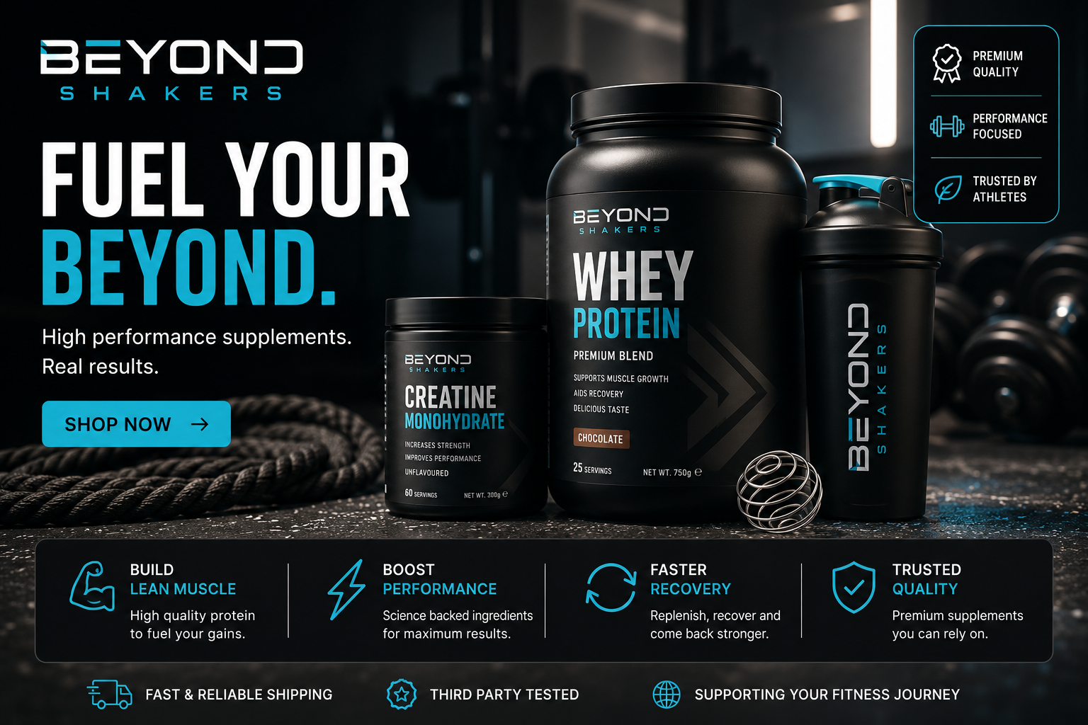 Beyond Shakers premium shaker bottles and fitness accessories featuring leak-proof designs, mixing compartments, and stylish hydration solutions for workouts and active lifestyles.