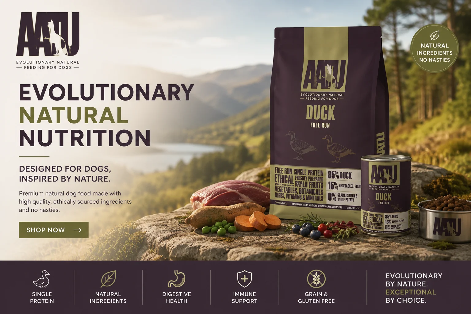 AATU premium grain-free dog and cat food featuring high-protein recipes made with natural ingredients and superfoods.