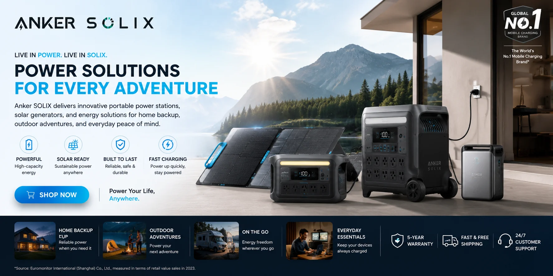 Anker SOLIX portable power stations and solar generators banner showcasing home backup power, outdoor energy solutions, fast charging, solar compatibility, and reliable portable battery systems