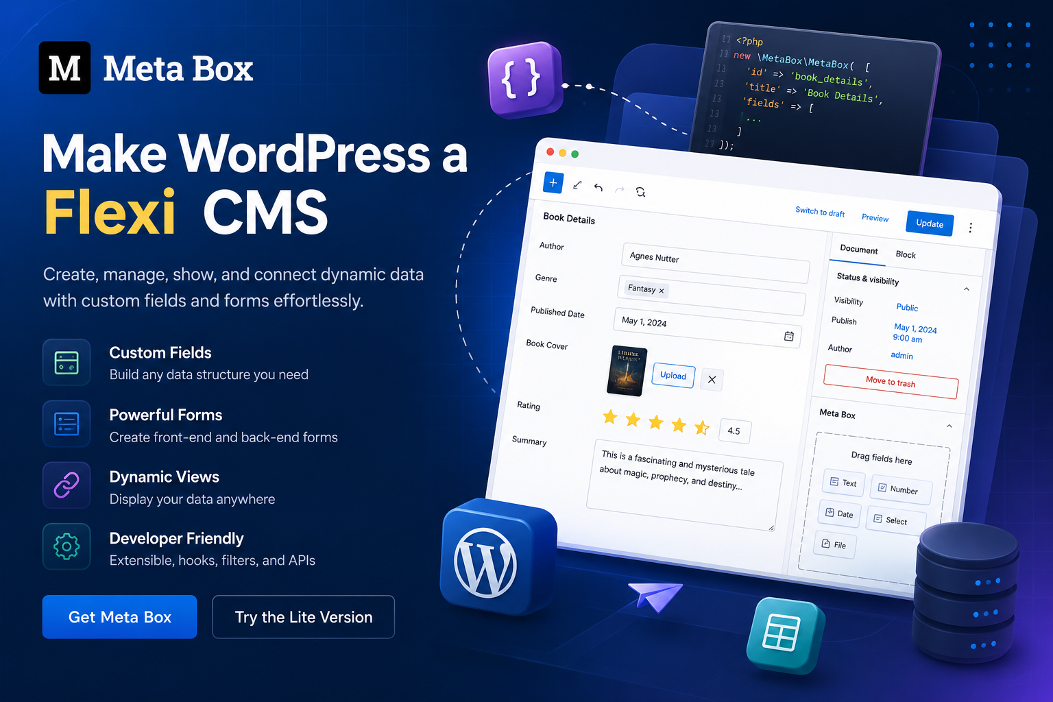Meta Box WordPress plugin for creating custom fields, post types, taxonomies, and dynamic content to build advanced WordPress websites.