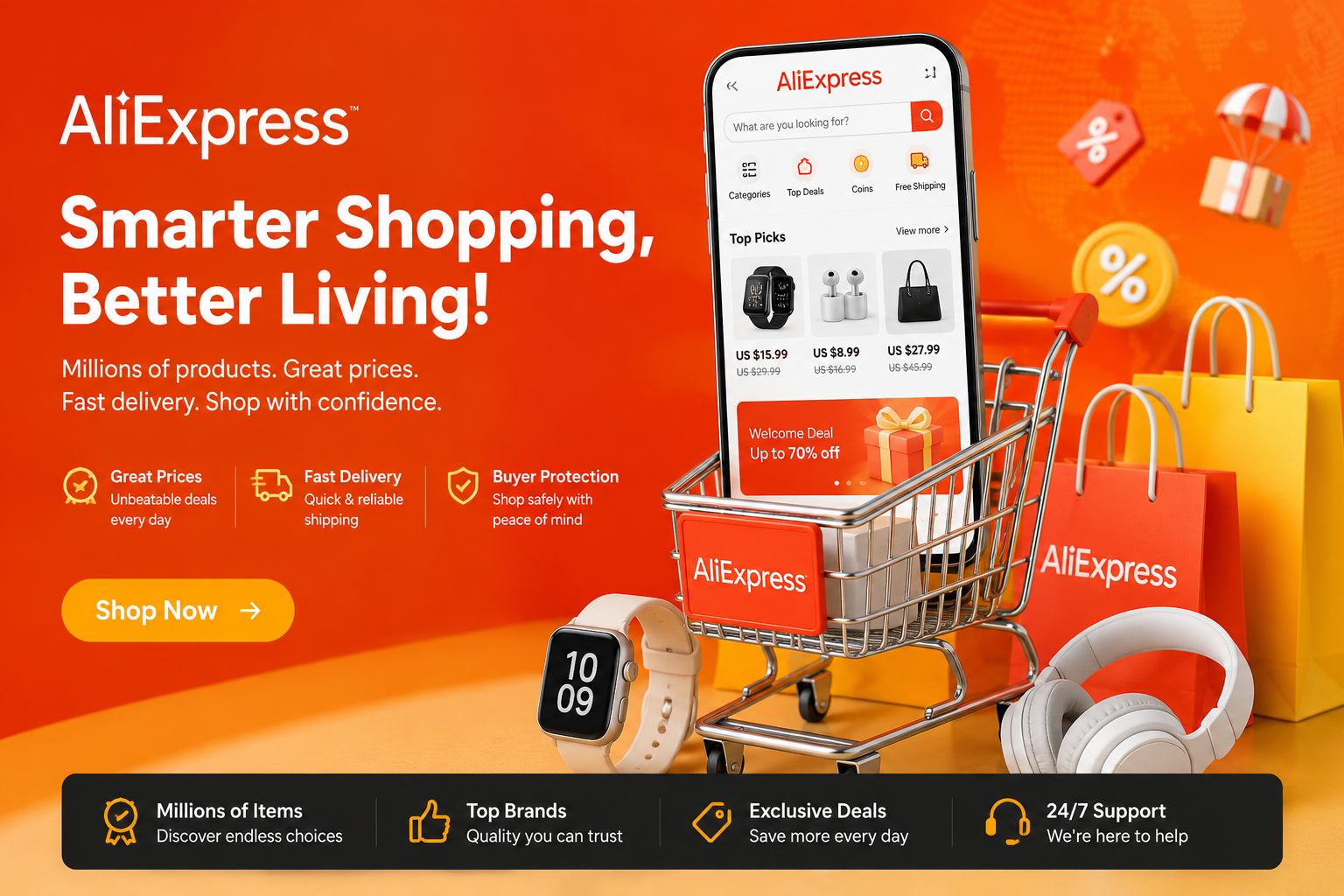 AliExpress online marketplace homepage showcasing deals on electronics, fashion, home goods, accessories, and other products available with worldwide shipping and competitive prices.