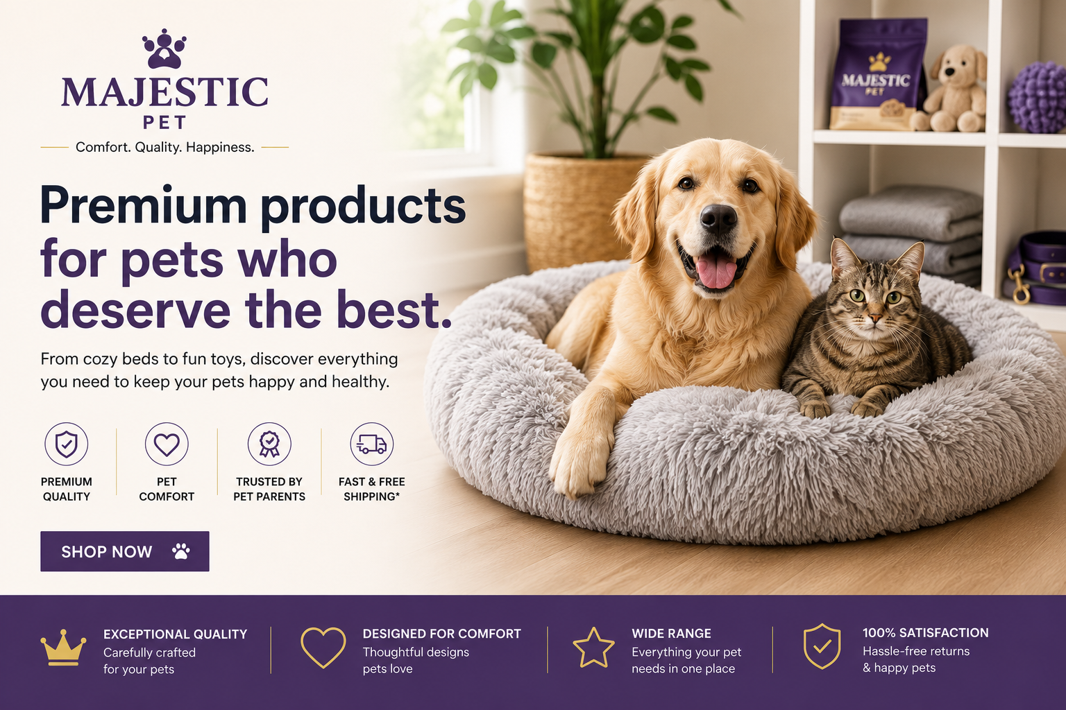 Majestic Pet collection featuring premium pet beds, orthopedic dog beds, pet furniture, crate mats, and comfortable pet accessories for dogs and other pets.