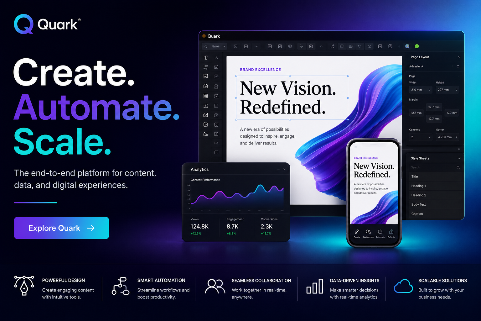 Quark professional publishing software interface displaying advanced page layout, typography, and digital content creation tools for print and interactive publishing projects.