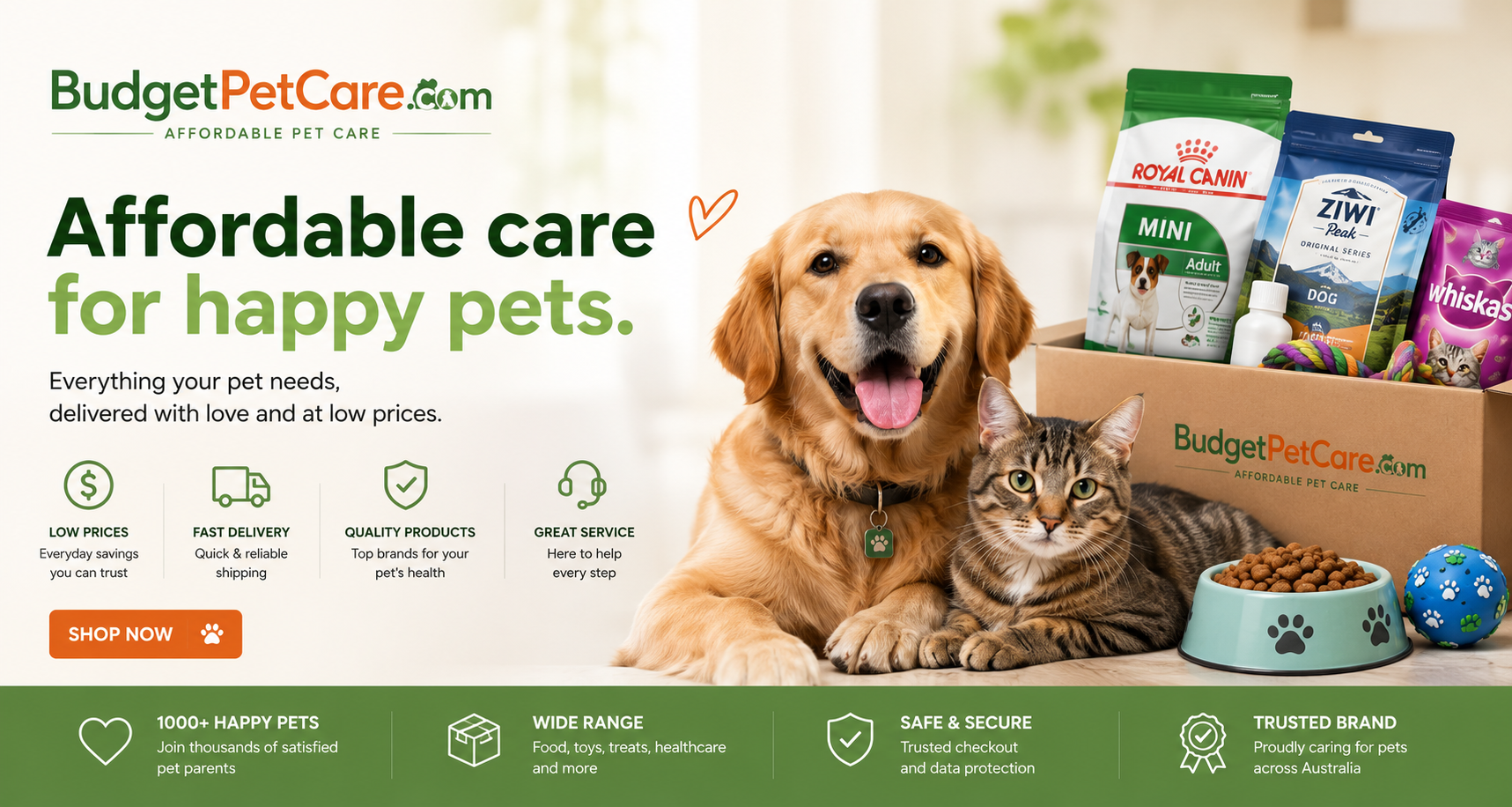 BudgetPetCare online pet store featuring pet medications, flea and tick treatments, supplements, grooming products, and healthcare essentials for dogs and cats.