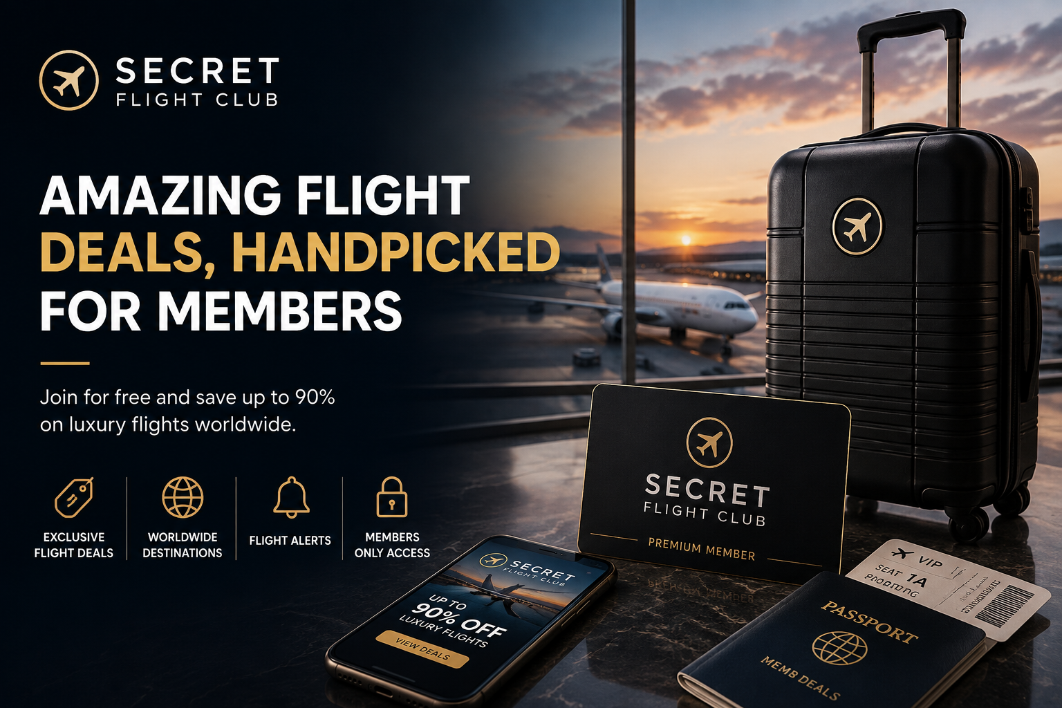 Secret Flight Club travel platform featuring cheap flight alerts, error fares, exclusive airfare discounts, premium travel memberships, and international travel deals.