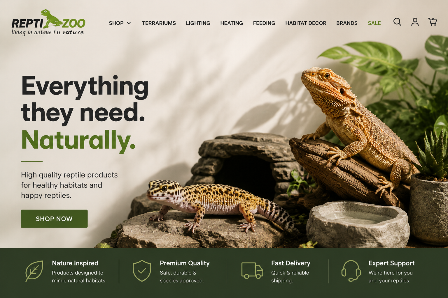 REPTI ZOO reptile terrarium setup featuring glass enclosures, UVB lighting, and habitat accessories for exotic pets.