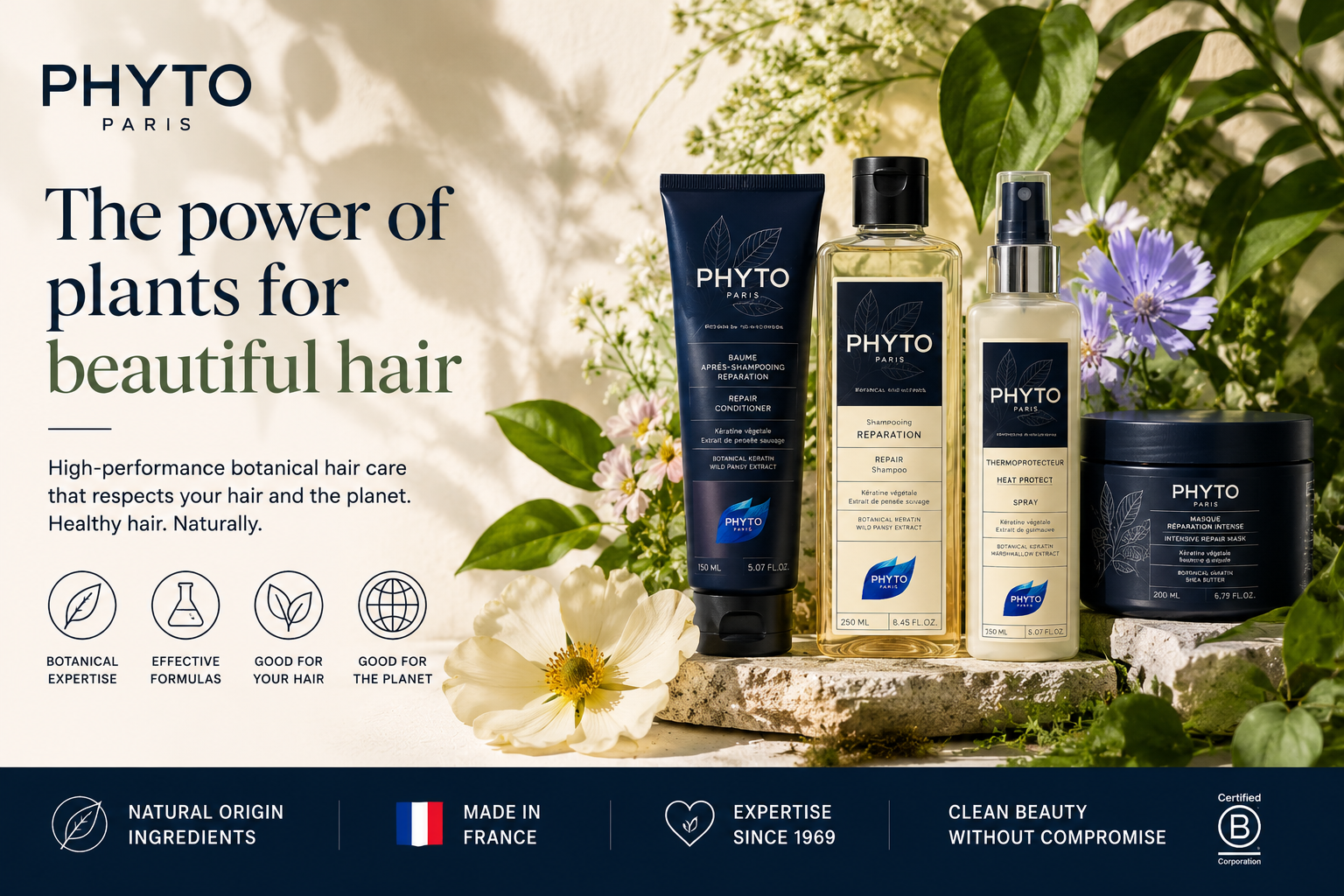 PHYTO botanical hair care collection featuring plant-based shampoos, conditioners, scalp treatments, and professional styling products.