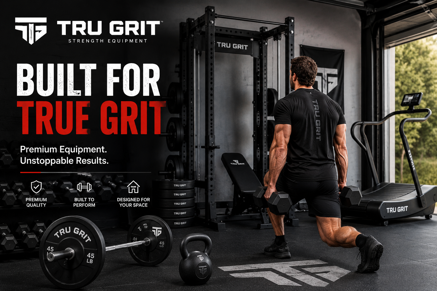 Athlete training with TRU GRIT premium fitness equipment, including weights and strength training gear for home and commercial gyms.