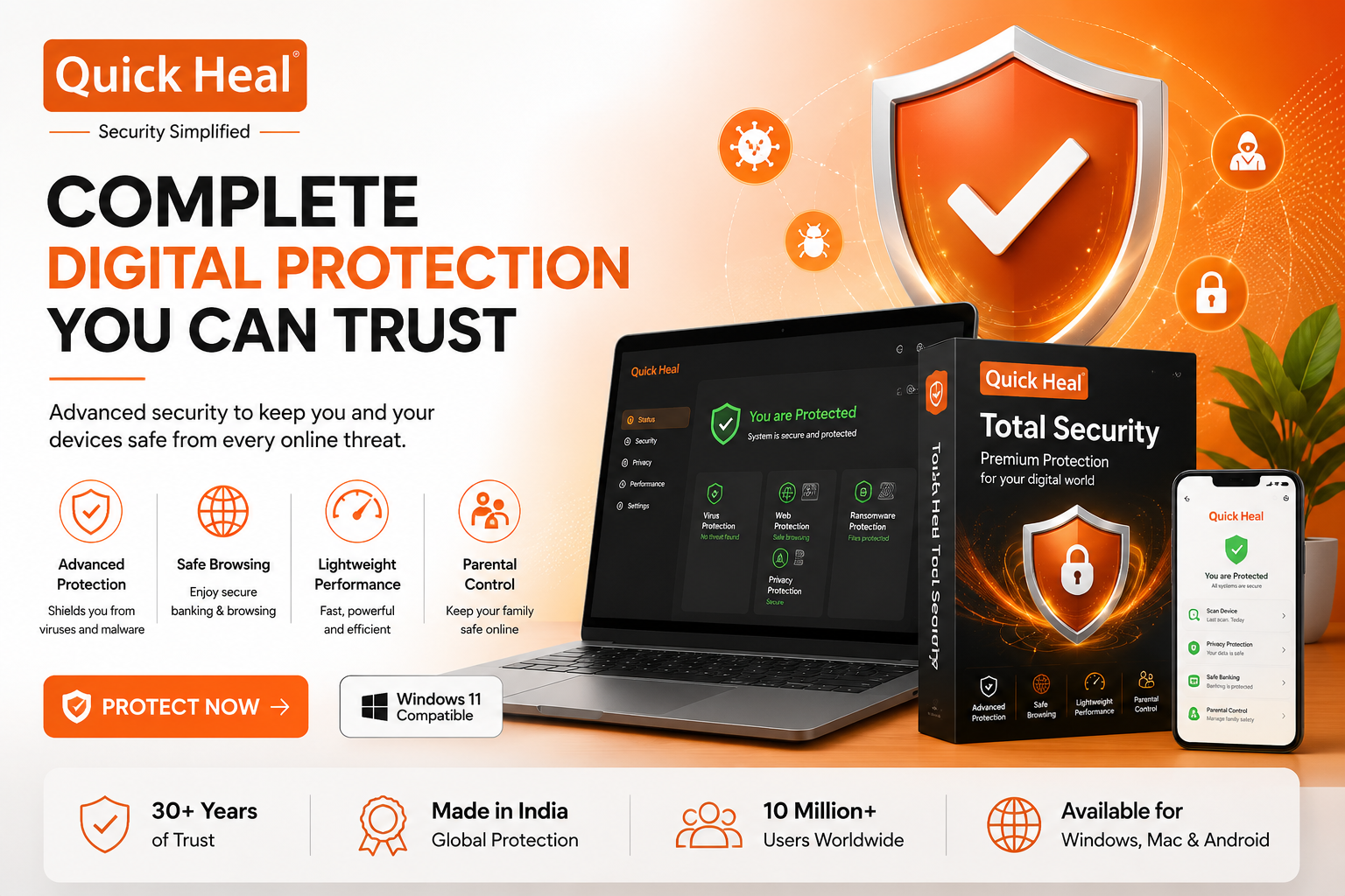 Quick Heal cybersecurity software featuring antivirus protection, internet security, VPN services, malware defense, ransomware protection, and comprehensive digital security solutions.